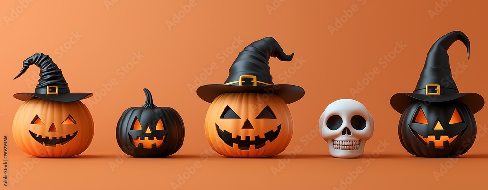 An evil pumpkin, wizard hat, and skull are isolated on a white background.3D render. An evil pumpkin, wizard hat, and skull are isolated on a white background.3D render.