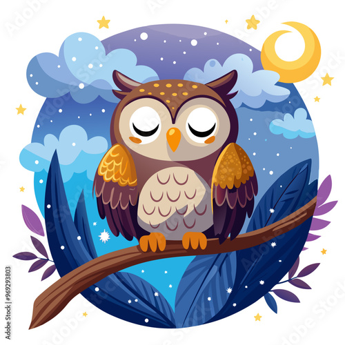 an illustration of a cute owl sitting on a branch. The owl has its eyes closed and appears to be peacefully resting. It has a round body with brown and golden feathers, and its wings are folded