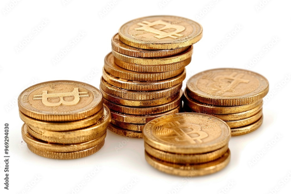 A stack of coins with the Bitcoin symbol displayed prominently A stack of coins with the Bitcoin symbol displayed prominently