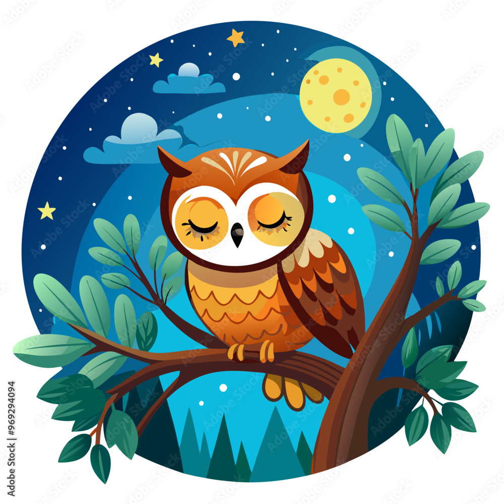 an illustration of a cute owl sitting on a tree branch. The owl has a round face with closed eyes, giving it a peaceful and content expression. Its feathers are a mix of brown and orange tones