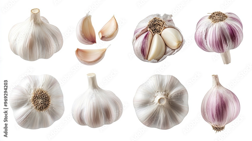 Whole and peeled garlic bulbs and cloves on white background Whole and peeled garlic bulbs and cloves on white background