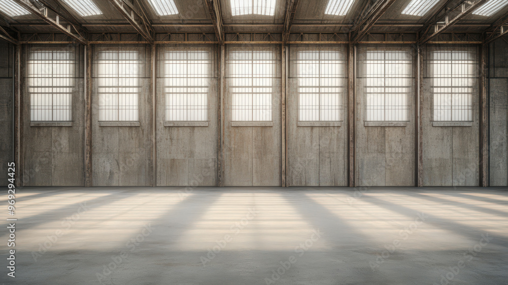 Industrial Warehouse Interior with Concrete Floor and Windows Industrial Warehouse Interior with Concrete Floor and Windows
