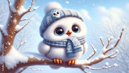 Cute owl illustration in snowy landscape with scarf and wool hat. Christmas Celebration Time