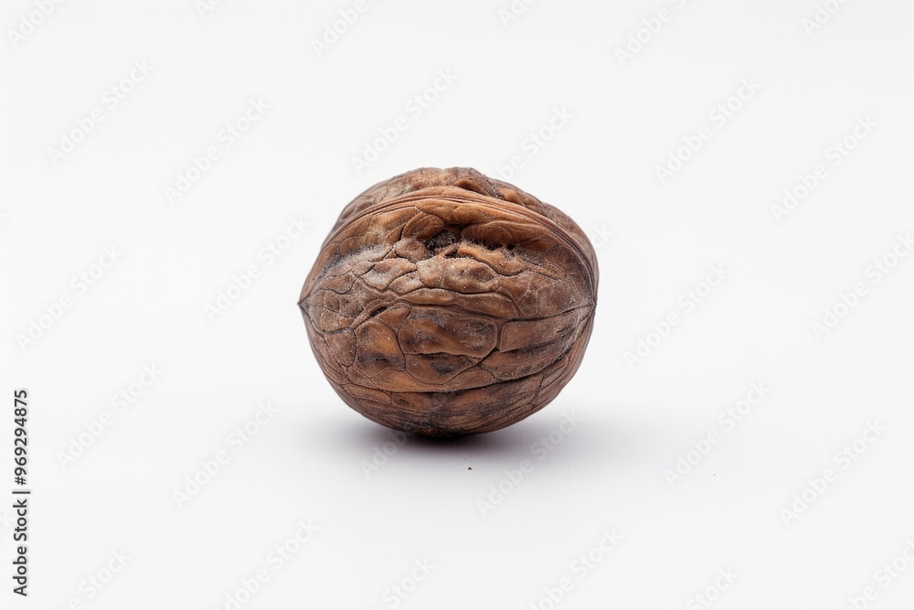 A single walnut shell lies on a clean white surface A single walnut shell lies on a clean white surface