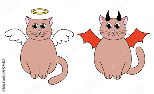 Cute Halloween Cats in costumes. Angel and demon. Holidays characters. Vector Flat Illustration.