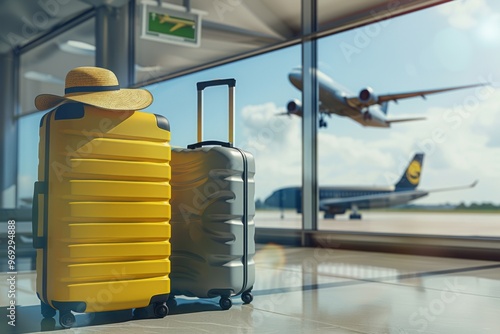 Yellow And Gray Suitcases In Airport Terminal With Plane In Background