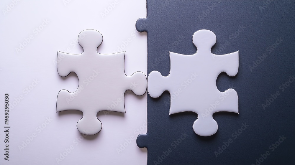 Fototapeta premium Jigsaw Unity: Two Large Puzzle Pieces Interlocking on a White Background, Embracing Simplicity and Harmony in Monochromatic Design