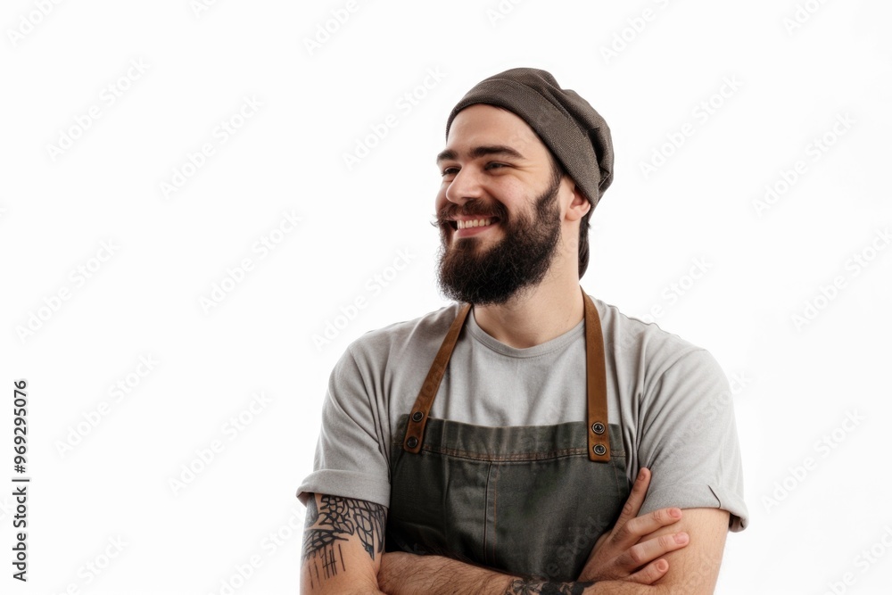 A person with a beard wearing an apron, great for crafts or DIY projects A person with a beard wearing an apron, great for crafts or DIY projects