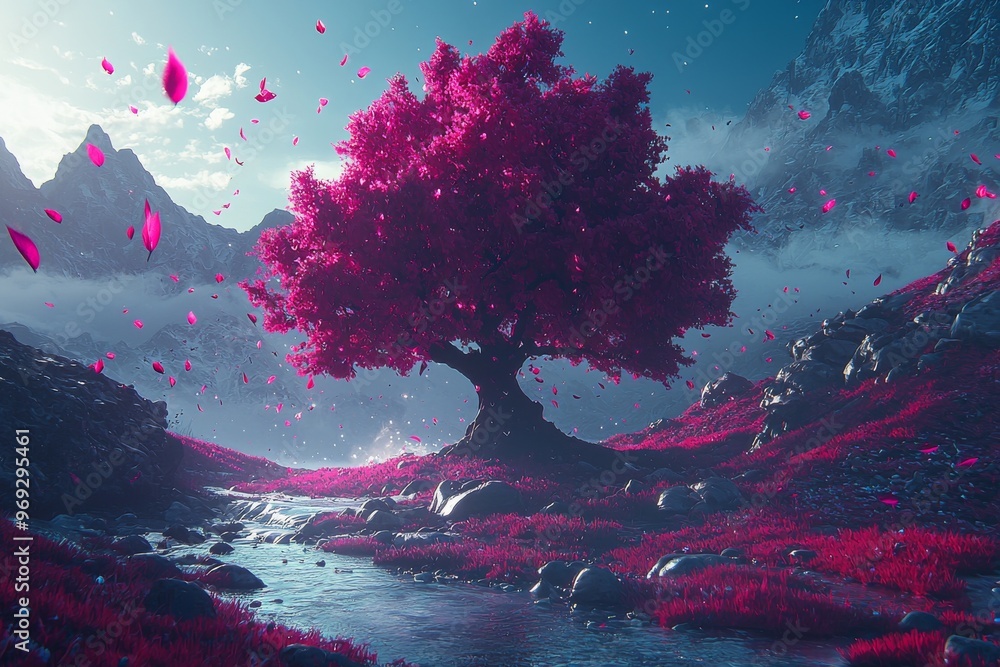 This is a 3D rendering of a flower meadow and a river that flows through it to the foot of the mountain range near the lone tree. This is a 3D rendering of a flower meadow and a river that flows through it to the foot of the mountain range near the lone tree.
