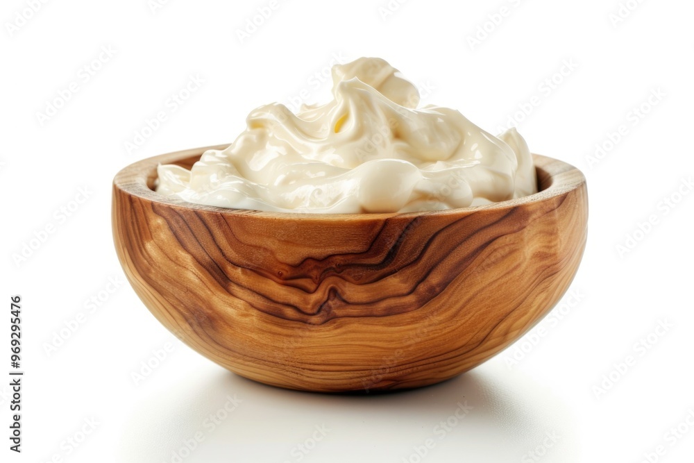 A wooden bowl filled with fluffy whipped cream, perfect for desserts or toppings A wooden bowl filled with fluffy whipped cream, perfect for desserts or toppings