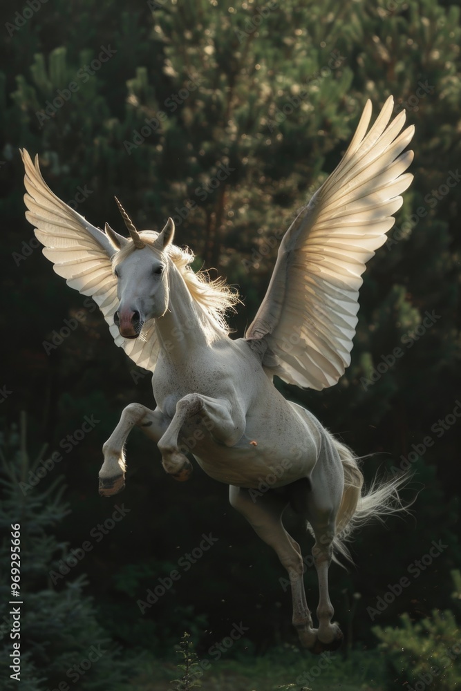 A majestic white horse with large wings soaring through the air A majestic white horse with large wings soaring through the air