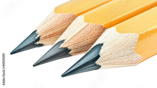 Close-up of three sharpened yellow pencils arranged side by side, isolated on a white background. Perfect for office, school, or art supplies usage.