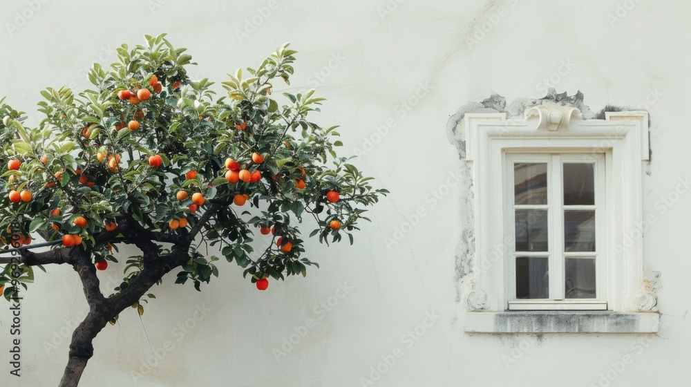 Ripe beautiful apple fruit on tree with window Ripe beautiful apple fruit on tree with window