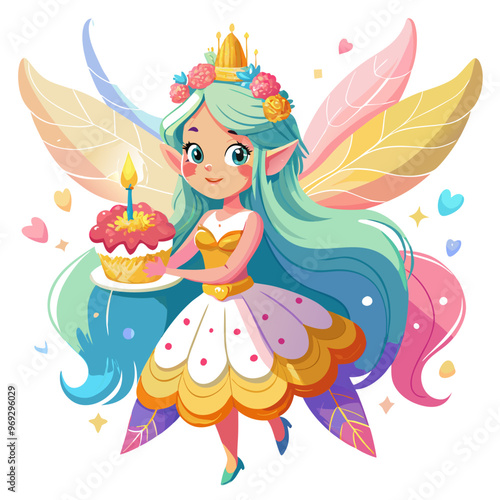 an illustration of a whimsical fairy character. The fairy has long, flowing turquoise hair and is wearing a colorful dress with a petal-like design. She has large, translucent wings