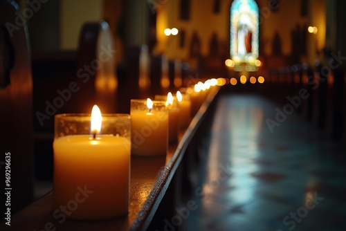 Candles flickering in a dimly lit church aisle, close-up of glowing candles lining the aisle of a church, copy space for stock photo with minimal concept, No logo, No Trademark, No text