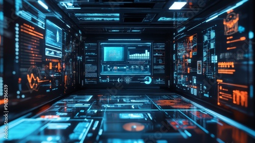 Wallpaper Mural A holographic interface with neon accents floats in a sleek, futuristic workspace, displaying complex data and interactive controls. Torontodigital.ca