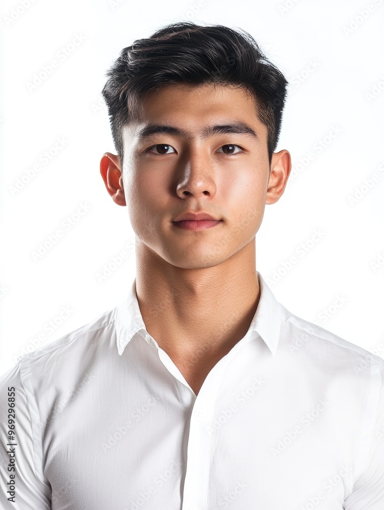 Image of young Asian man on white background with generative ai