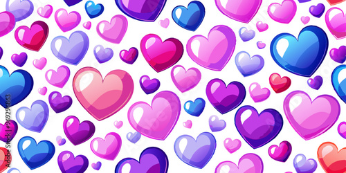 a colorful pattern of various heart shapes scattered across a white background. The hearts are in different shades of pink, purple, and blue, with some having a glossy or shiny appearance