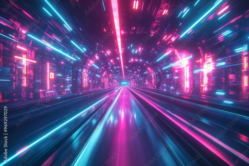 Fototapeta premium Tunnel tunnel train racing through neon pink and blue lights.