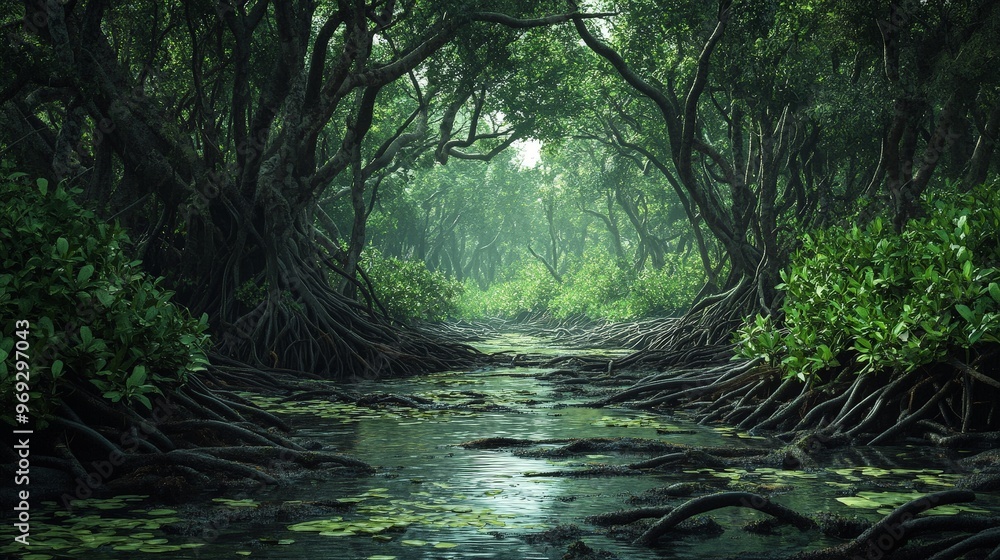 A lush and vibrant mangrove forest with intertwined roots and a network of waterways, surrounded by dense greenery and wildlife. A lush and vibrant mangrove forest with intertwined roots and a network of waterways, surrounded by dense greenery and wildlife.