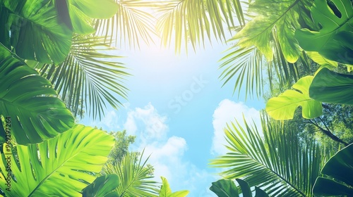 A lush, tropical background image featuring vibrant green palm leaves and a bright blue sky.