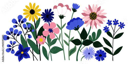 an illustration of a variety of colorful flowers. There are different types of flowers depicted, including yellow, pink, blue, and white blooms. The flowers have various shapes and sizes