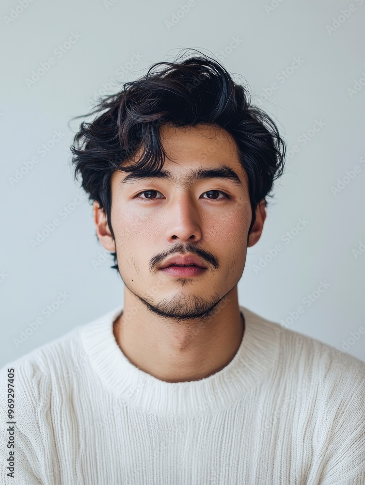 Image of young Asian man on white background with generative ai Image of young Asian man on white background with generative ai
