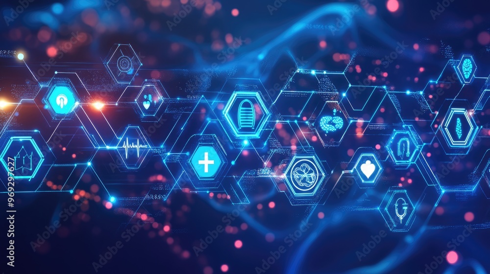 Diverse medical icons and technology symbols displayed in a futuristic design, illustrating healthcare innovation and advancements in medicine. Diverse medical icons and technology symbols displayed in a futuristic design, illustrating healthcare innovation and advancements in medicine.