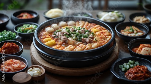 A steaming hot pot filled with various ingredients and side dishes.