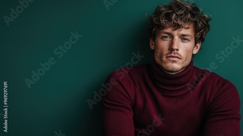 A confident man with messy curly hair in a burgundy turtleneck sweater poses against a vibrant green backdrop, exuding a sense of modern style and charisma.