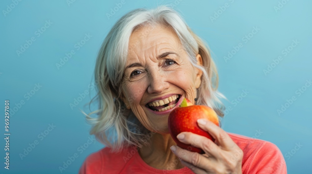 A senior female holding and eating a fresh ripe apple A senior female holding and eating a fresh ripe apple