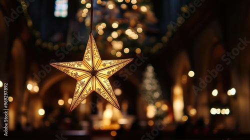 Christmas star hanging above the altar, glowing star illuminating the sacred space during Midnight Mass, copy space for stock photo with minimal concept, No logo, No Trademark, No text