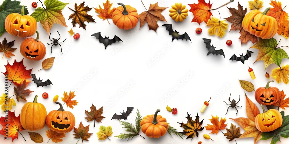 Winding vines of autumn leaves and twinkling jack-o-lanterns adorn the border, amidst fluttering bats and crimson and Winding vines of autumn leaves and twinkling jack-o-lanterns adorn the border, amidst fluttering bats and crimson and