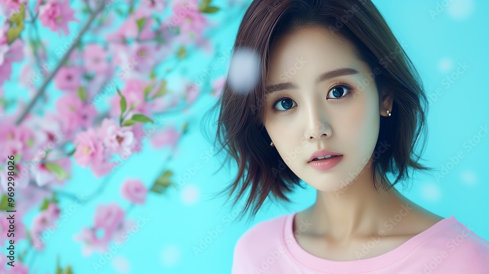 Elegant Woman in Springtime with Cherry Blossoms Elegant Woman in Springtime with Cherry Blossoms