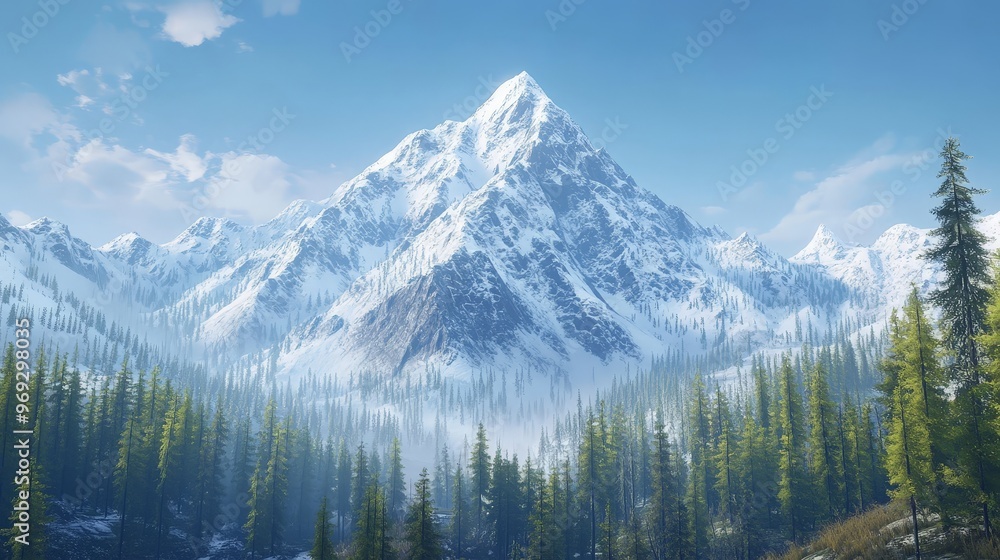 A majestic snow-covered mountain peak towering above a pristine alpine forest, with clear blue skies and the sun casting a golden glow. A majestic snow-covered mountain peak towering above a pristine alpine forest, with clear blue skies and the sun casting a golden glow.