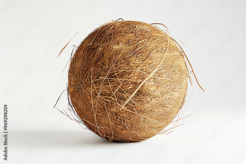 A single coconut ball sits on a clean and flat white surface, ready for use A single coconut ball sits on a clean and flat white surface, ready for use