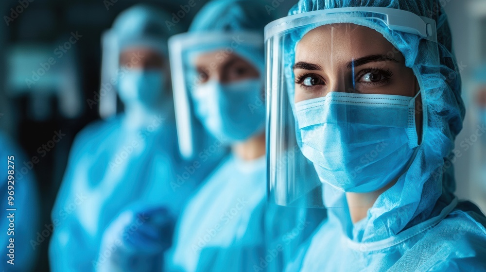 Dedicated Hospital Team Wearing Masks and Gloves in Isolation Ward for Patient Care Dedicated Hospital Team Wearing Masks and Gloves in Isolation Ward for Patient Care