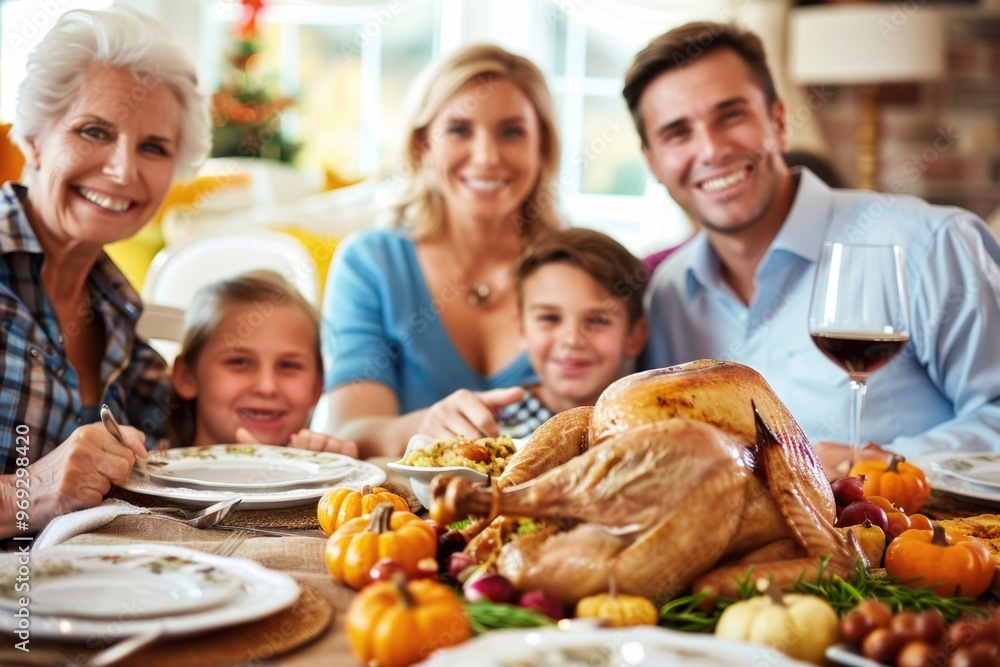 Obraz premium A warm and cozy scene of a family gathered around the table for their Thanksgiving feast, surrounded by traditional holiday elements