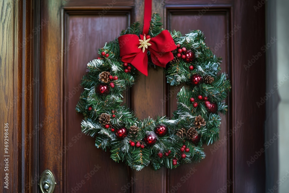 Wreath adorning the church door for Christmas Eve, simple Christmas wreath welcoming worshippers to Midnight Mass, copy space for stock photo with minimal concept, No logo, No Trademark, No text Wreath adorning the church door for Christmas Eve, simple Christmas wreath welcoming worshippers to Midnight Mass, copy space for stock photo with minimal concept, No logo, No Trademark, No text
