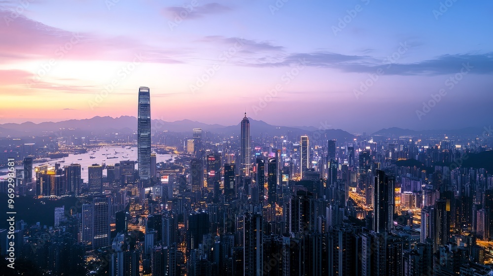 Obraz premium A panoramic view of a bustling city skyline at dusk, with tall skyscrapers illuminated against a backdrop of a darkening sky and twinkling lights.