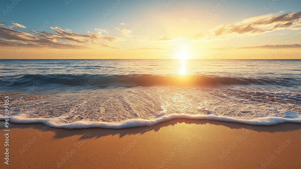 A peaceful beach scene with golden sand, gentle waves lapping at the shore, and a setting sun casting warm hues across the horizon. A peaceful beach scene with golden sand, gentle waves lapping at the shore, and a setting sun casting warm hues across the horizon.