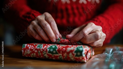 Person sneakily wrapping a Secret Santa gift, hands wrapping a present in festive paper for the exchange, copy space for stock photo with minimal concept, No logo, No Trademark, No text