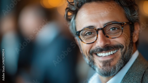 A middle-aged bearded man with curly hair and glasses smiling warmly at the camera, with an out-of-focus bokeh background emphasizing the joyful atmosphere. photo