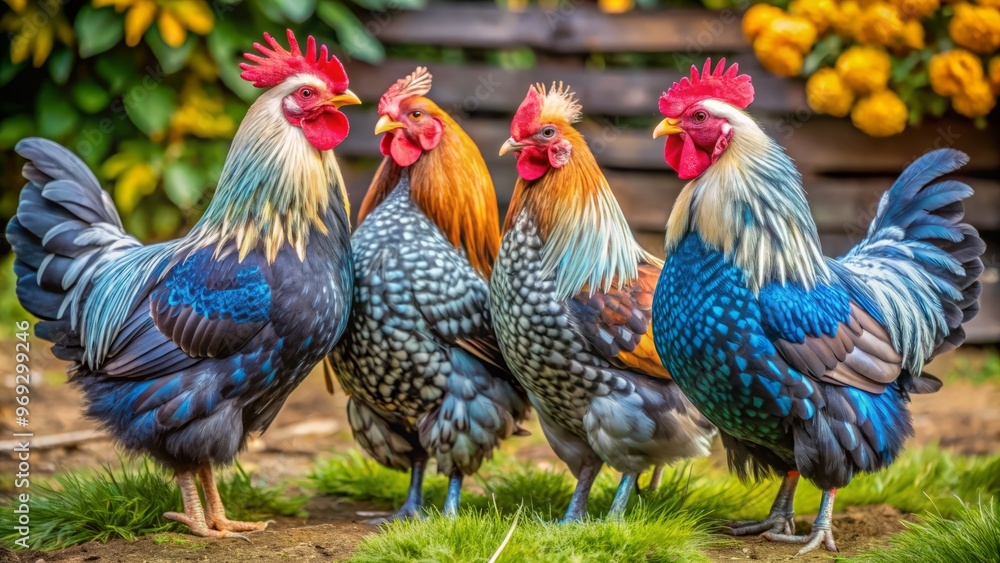 Fototapeta premium With their stunning plumage, Brahma chickens exhibit a diverse range of colors, including black, blue, buff, and white,