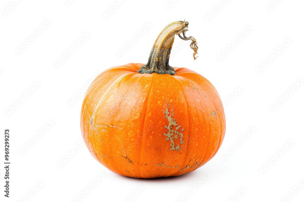 Obraz premium A small orange pumpkin sits on a white surface, perfect for decoration or photography