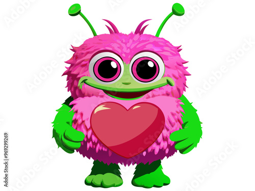 a cute cartoon character that resembles a small, fluffy monster or alien. It has a round body covered in pink fur, with a pair of large, expressive eyes that have pink irises