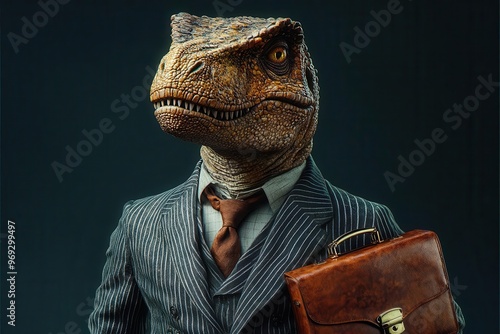 whimsical portrait of trex dinosaur in tailored pinstripe suit comically small briefcase in claw juxtaposing prehistoric beast with modern business attire photo