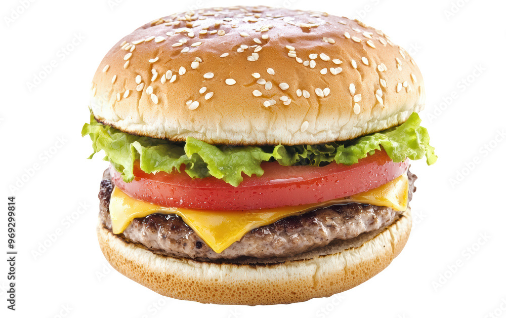 Delicious cheeseburger with lettuce, tomato, and sesame seed bun, perfect for fast food lovers. Ideal for culinary and food-themed projects. Delicious cheeseburger with lettuce, tomato, and sesame seed bun, perfect for fast food lovers. Ideal for culinary and food-themed projects.