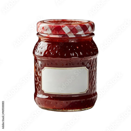 Strawberry jam in a glass jar on transparent background