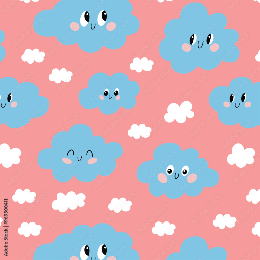 Children illustration. Childrens seampess pattern with smiling clouds on pink background. Vector illustration Children illustration. Childrens seampess pattern with smiling clouds on pink background. Vector illustration